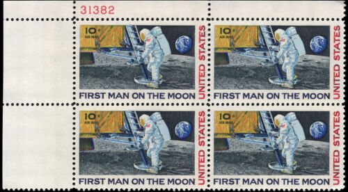 US Scott # C76, First Man on Moon, Plate Block of 1969 10¢ Airmail Stamps, MNH