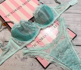Victoria&rsquo;s Secret DREAM ANGELS Bra & Brazilian Panty Set Blue Mesh & Lace