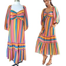 NWT Farm Rio Anthropologie Rainbow Stripe Midi Maxi Dress Medium Puff Sleeve 