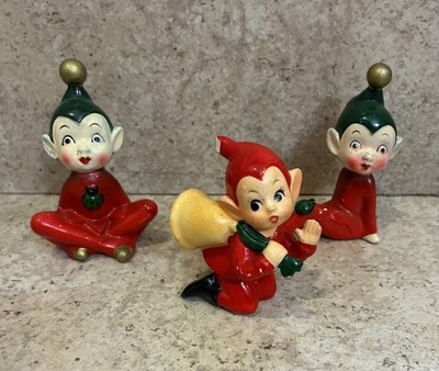 Vintage Lot of 3 Japan Pixie Elf Figurines Christmas Ladybug Ceramic MCM 1950