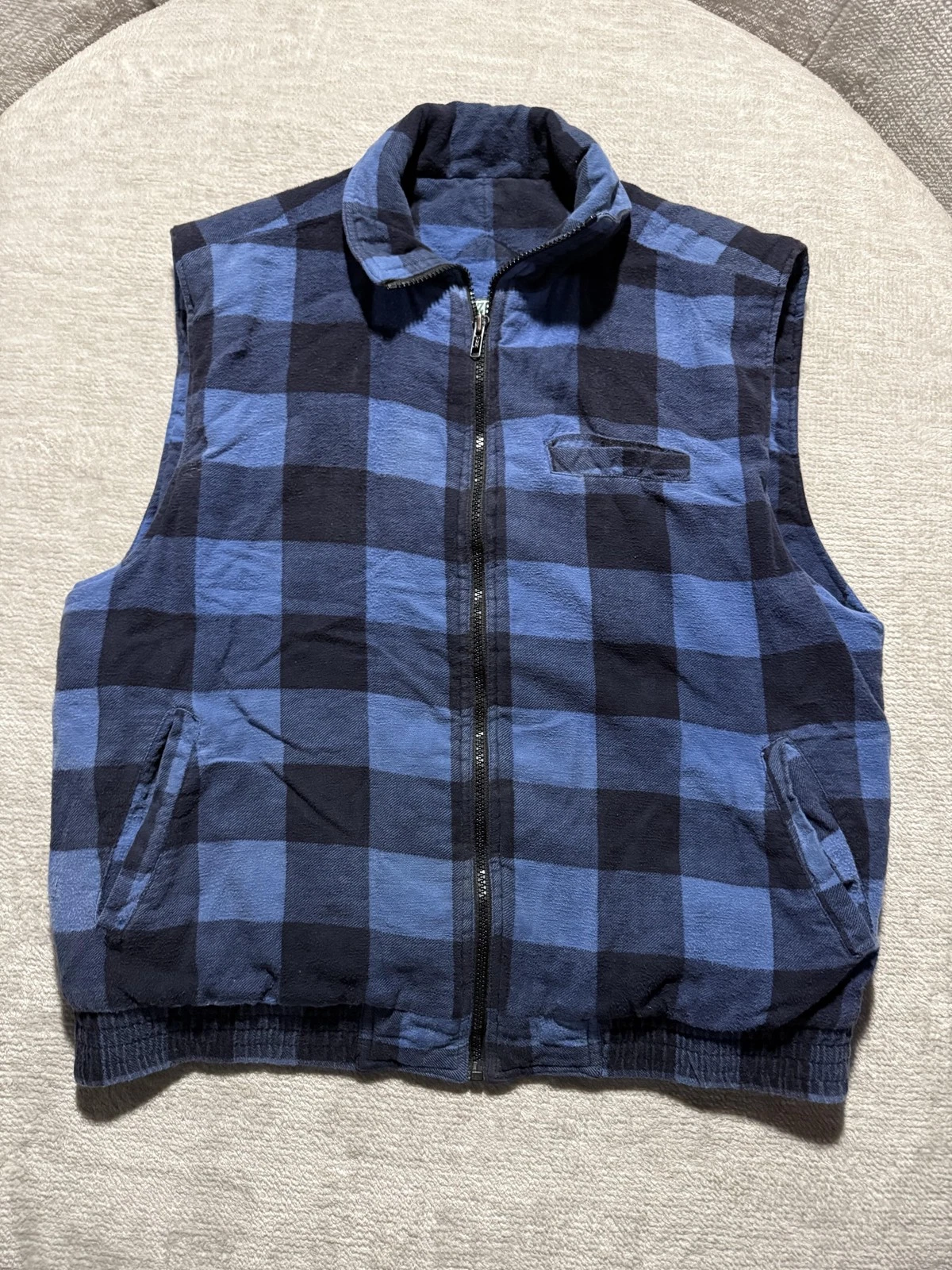 Ozark Trail Vest Mens Large Blue Plaid Quilted Flannel Full Zip Outdoor Workwear