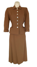 Vintage 1940s light brown suit S jacket rayon blazer midi skirt tan dress