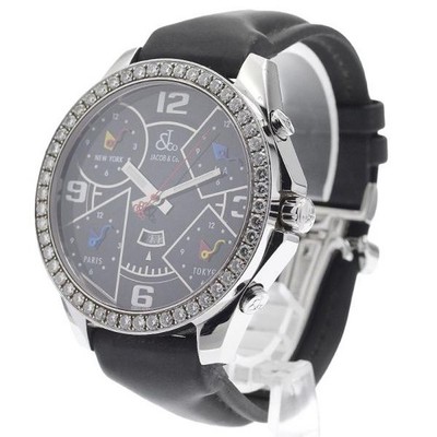 Jacob & Co. Five Time Zone 47mm SS Black Dial Quartz Date Watch #C6649