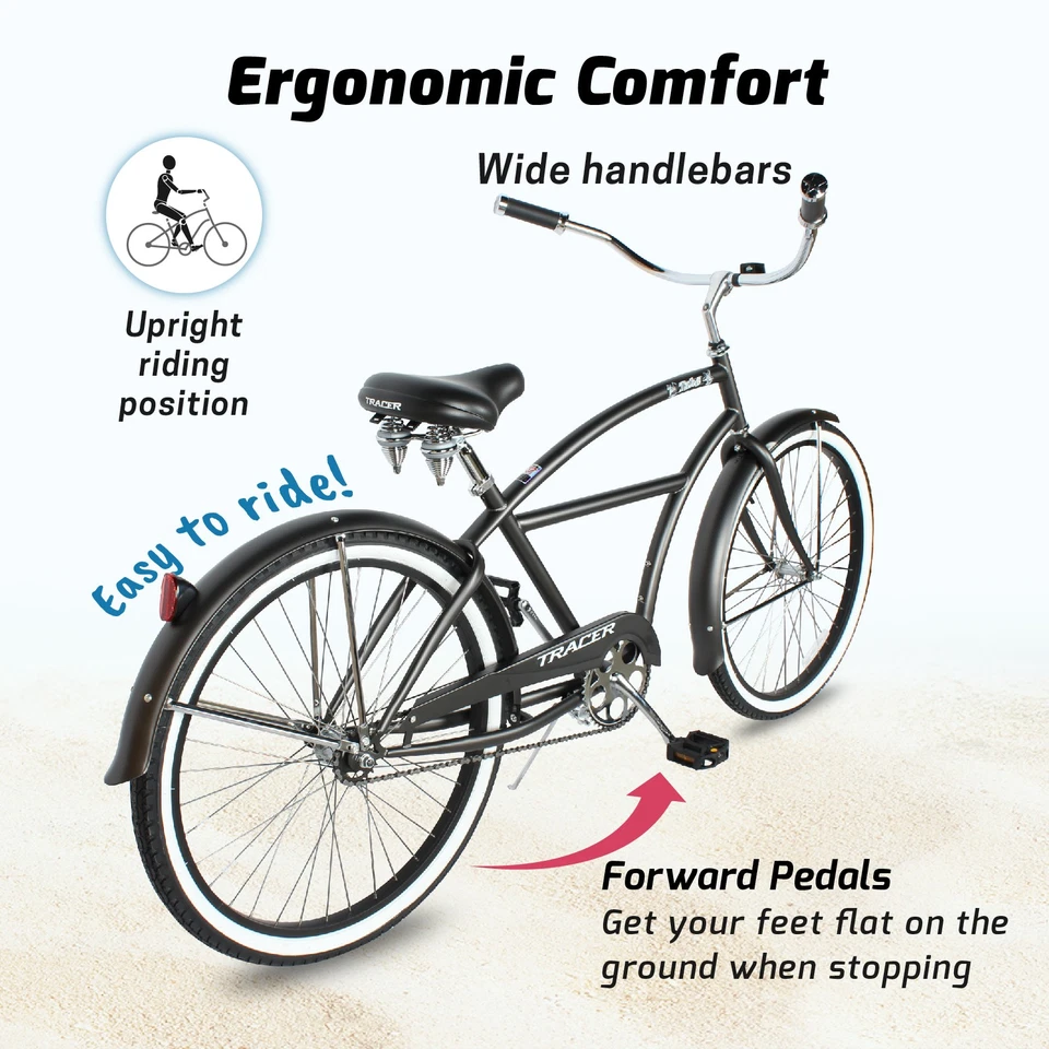 Bicicleta de crucero de playa de 26"" para hombre negra mate 1 velocidad freno de montaña bicicleta de ciudad de viaje Foto 3 de 4