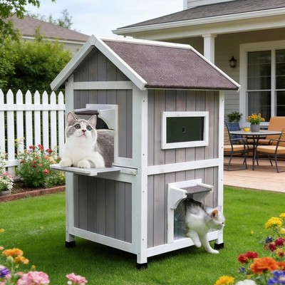 Rockever Outdoor Cat House, Large Outdoor Houses for Feral Cats Wooden Outsid...