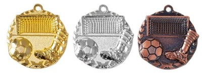 4 Fußball Medaillen Ø 47 mm Farbe go-si-br.  mit Band #MFB619 (Sport Freizeit)