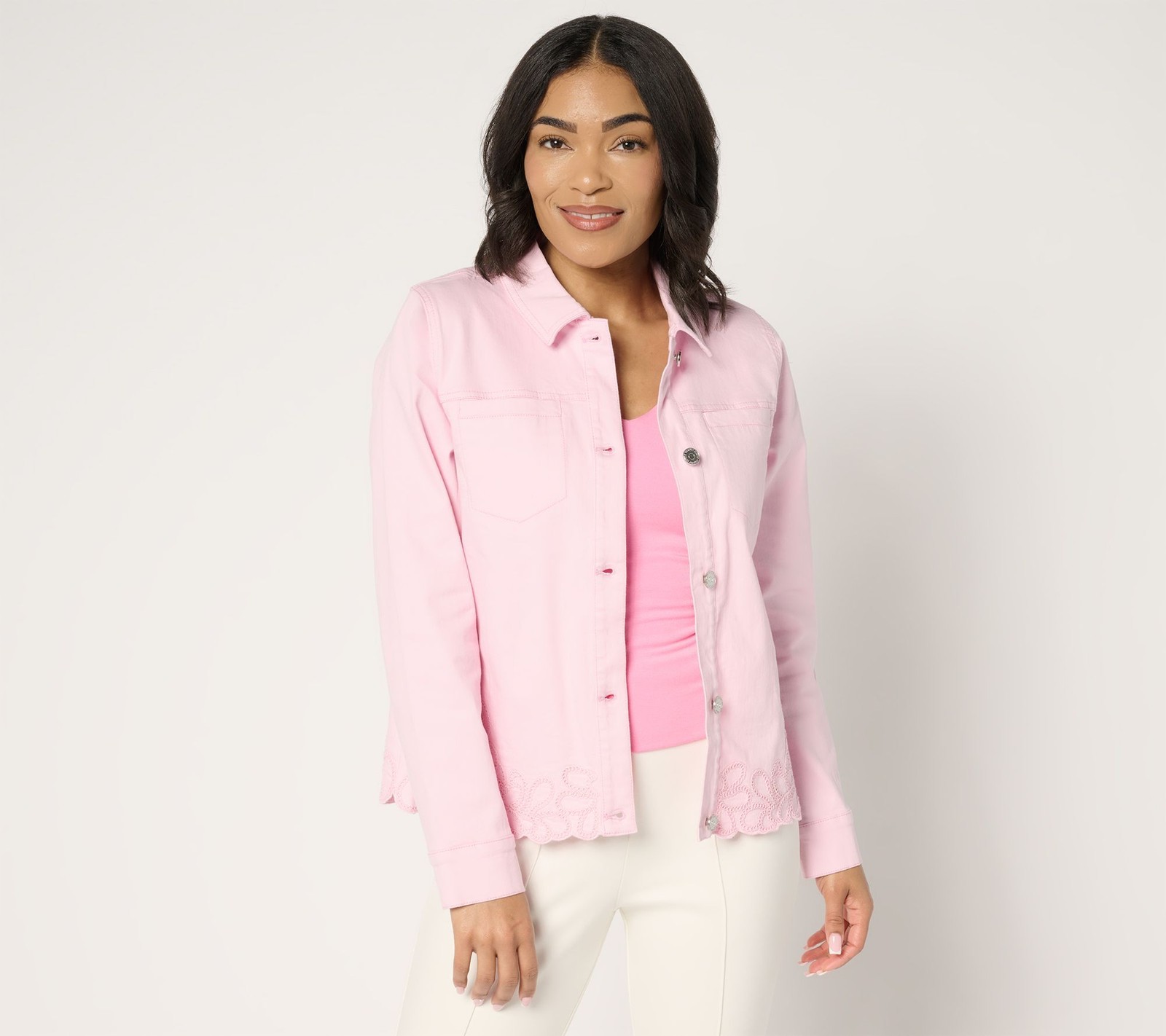 Susan Graver Women's Jacket Sz S Embroidered Eyelet Color Denim Pink A683195