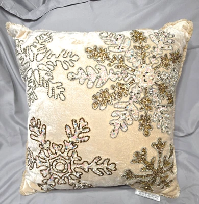 Beaded Gold & Silver Thread Christmas Winter Snowflake Decorative Throw Pillow - Image 1 of 4