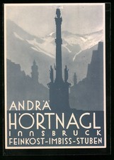 Künstler-AK Innsbruck, Feinkost-Imbiss-Stuben Andrä Hörtnagl, Leopoldstraße 7,  