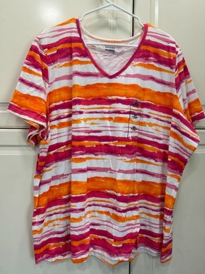 Basic Editions Womens 3X V-Neck Tee Orange Pink White Striped Short Sleeve Moder