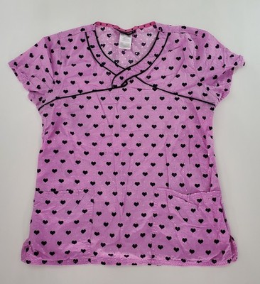 HEARTSOUL Woman's M/M/M Scrub Top V Neck Pink With Black Lace Pattern Pockets