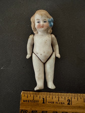 3 1/2" BISQUE DOLL BLONDE WIRE JOINT BLUE BOW MIGNONETTE P27 MARKED GERMANY VTG