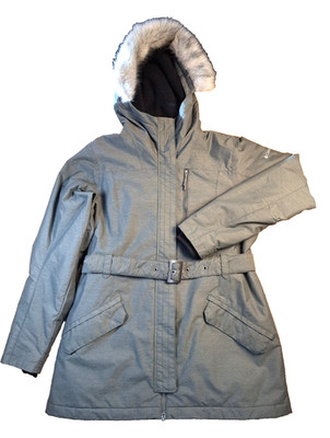 Columbia Womens LARGE Omni-Heat Winter Coat Parka Belt Hood Fur Trim Olive Green