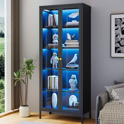 5-Tier 67'' Glass Display Cabinet w/ 13 Color LED Adjustable Shelves Curio Case
