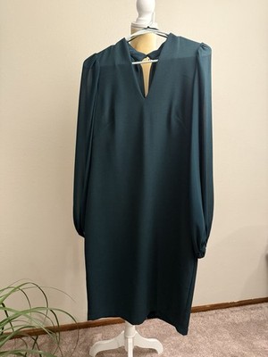 Vince Camuto Green Pleated Sheath Dress V-Neck Zip Knee Length Size 8 VCOM0722