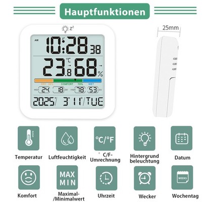 Digitales Thermo-Hygrometer Temperatur Luftfeuchtigkeit Monitor Thermometer Weiß