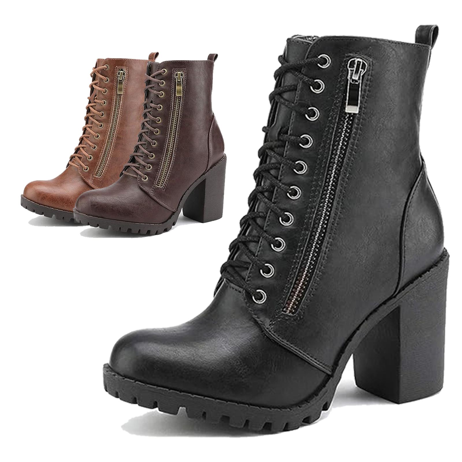 Women Combat Ankle Boots Chunky Block Heel Side Zipper Ankle Booties