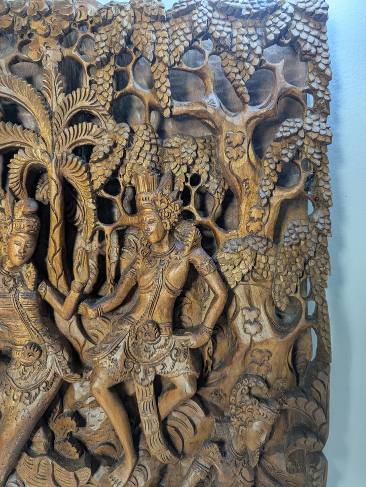Placa de pared en relieve 3D tallada en madera, Bali, Indonesia, Rama, Sita y Lakshman Foto 3 de 4