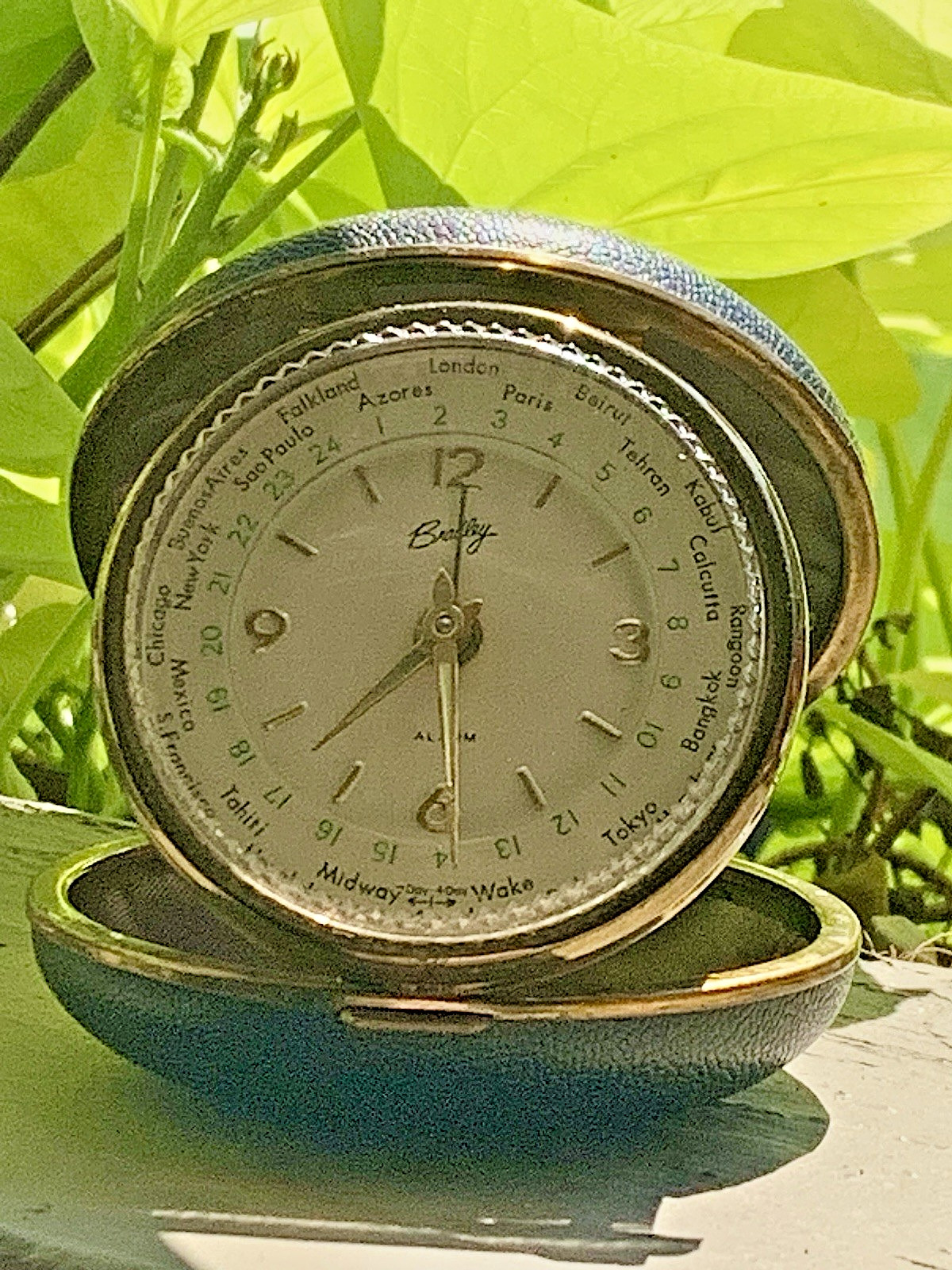 Vintage Bradley World Time Travel Alarm Clock Mechanical Wind-Up Clamshell WORKS
