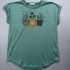 My Danielle Womens Small Green Floral Embroidered Short Sleeve T Shirt Top
