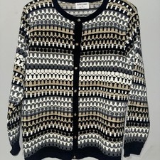 Alfred Dunner Vintage Geometric Knit Cardigan Sweater Black White Grey Tan USA M