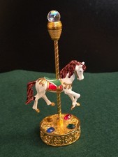 1986 Spoontiques Pewter Carousel White Horse w Crystal Ball Gold Tone Base