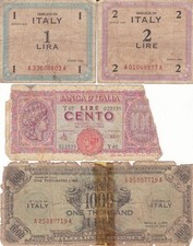 LOTTO 4 BANCONOTE 1000 AM LIRE + 1 - 2 AM LIRE 1943 E 100 LIRE LUOGOTENENZA 1944