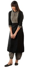Women's 3/4 Sleeve Solid Black Color Kurti Pant Set