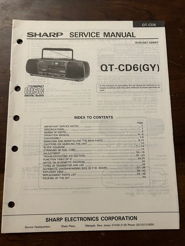 Sharp QT-CD6 Stereo Boombox CD Tape Deck Service Manual Vintage OEM ...