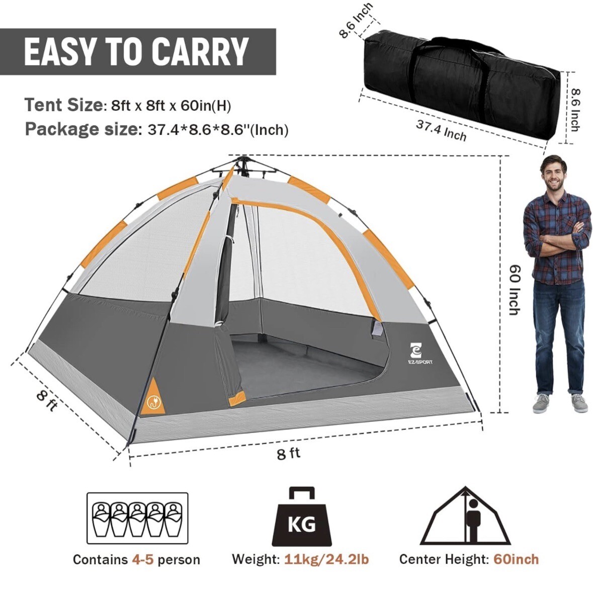 Ez-Sport Pop up Camping Tent - 4 Person Instant Easy Set up