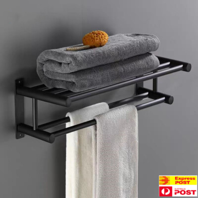 Matt Black Bathroom Double Towel Rack Rail Shelf Wall Mounted Hook AU  Stock