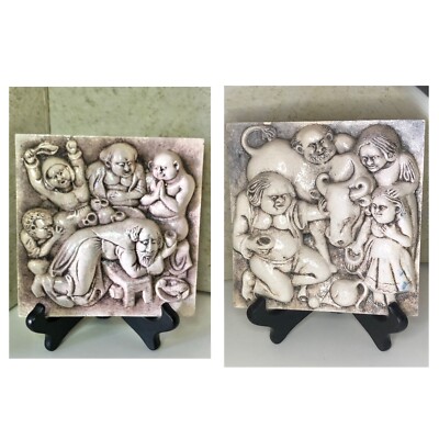 Set Of  2 Art Medieval Scene Drunken Man Gluttony Plaster Relief Tile 6  X 6 