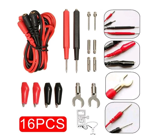 16 Piece MultiMeter Alligator Crocodile Clip Clamp Test Leads Probe Set