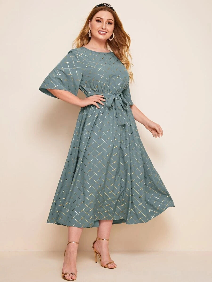 Silver grey midi dress with gold print tie waist long sleeves