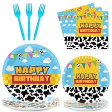 96 Pcs Cartoon Story Party Plates and Napkins Party Supplies Cow Pattern Blue...