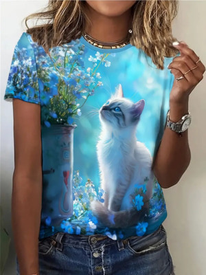 Blossom Cat printed tee shirt for women short sleeve crew neck cat lovers t