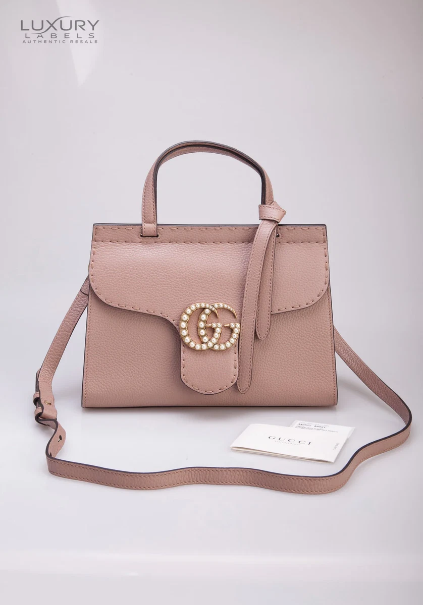 GUCCI GG Pearl Logo Marmont Leather Top Handle Shoulder Bag