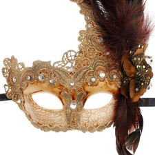 Venetian Brocade Lace Mardi Gras Masquerade Ball Mask with Feathers Ivory 