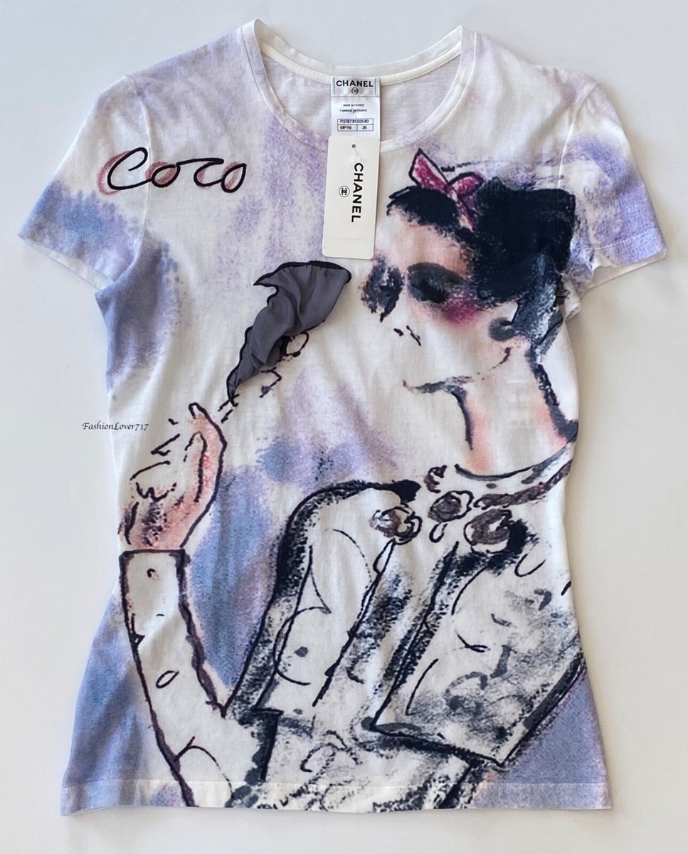 NWT 10P CHANEL WHITE MULTICOLOR MADEMOISELLE COCO CC T-SHIRT