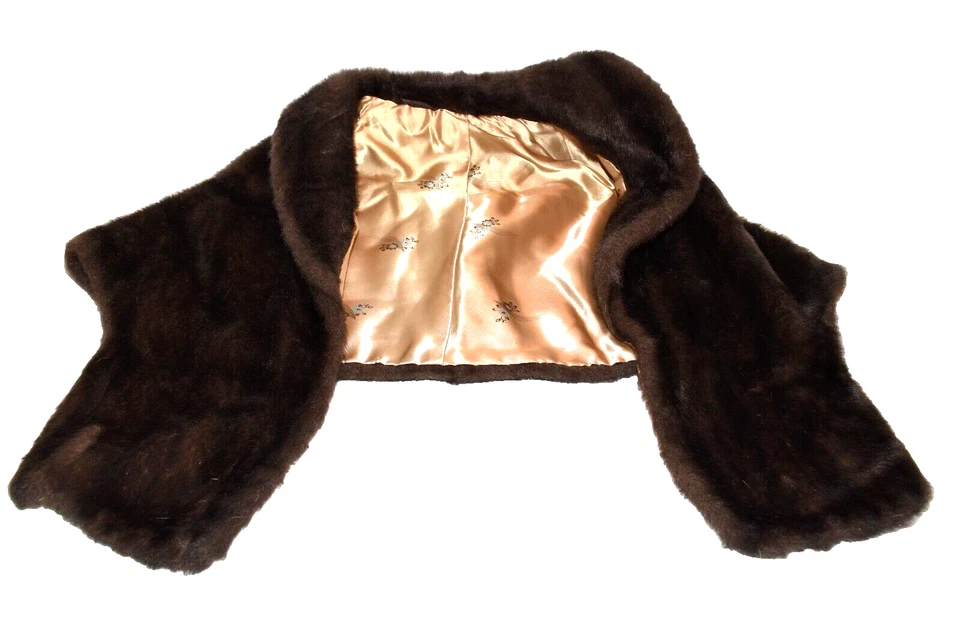 Estola chal envolvente forro satinado floral dorado con cuello de visón sintético marrón vintage Foto 4 de 4