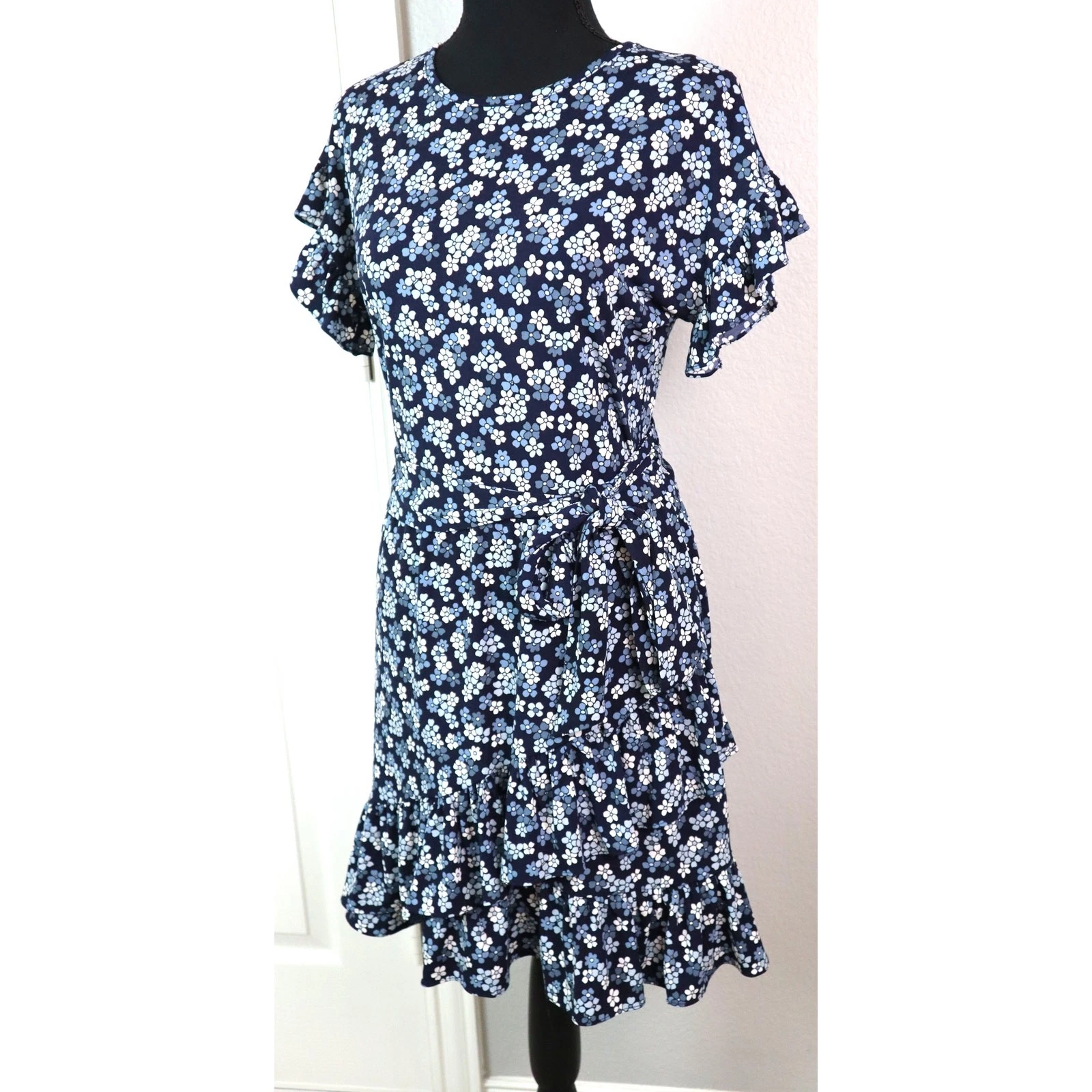 Abito Michael Kors blu bianco floreale avvolgente volant maniche svasate estate XS floreale