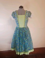 Vintage Handmade Square Dancing Dress, Floral Green And Blue Size Large Prairie