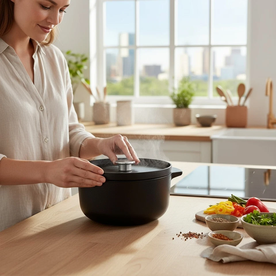 KitchenAid Cocotte Bräter Rund mit Deckel 22 cm 3,3 L Topf Schwarz - Bild 2 von 2