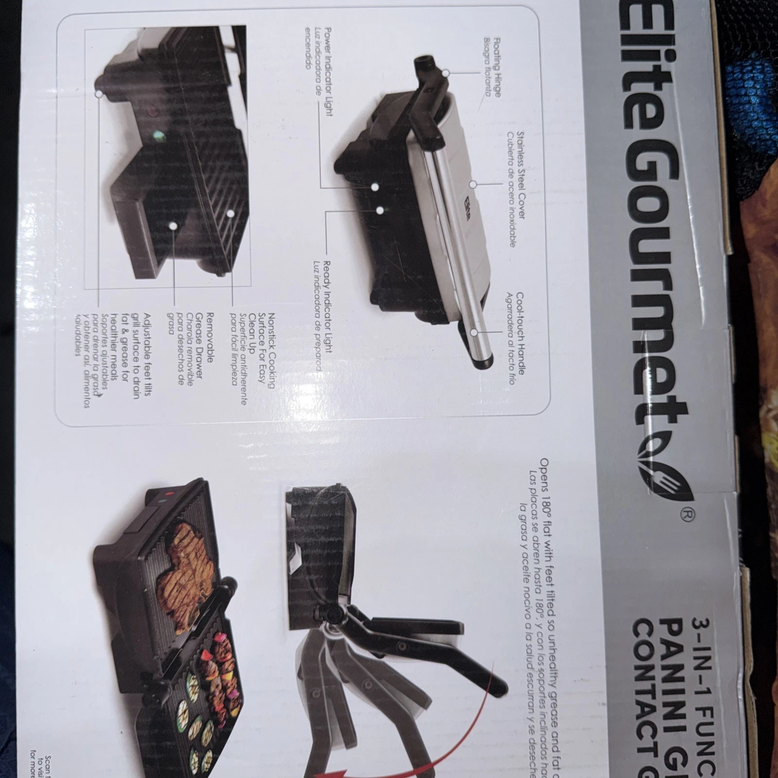 Elite Gourmet Panini Grill 3 in 1 Function 180 Degree Indoor Grill - New in Box!