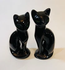 Pair Black Ceramic Siamese Cats Statues MCM Figurines 8" Tall Green Eyes