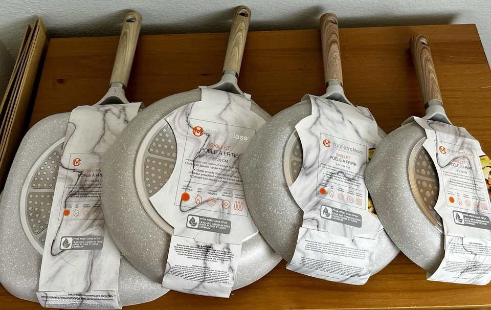 Masterclass Premium Utensilios de Cocina 8′′ 9.5′′ 11” Sartén 11” Parrilla Beige Moteado Juego/4 Foto 4 de 4