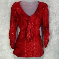Whimsigoth Red Ruffle Sequin Blouse Womens sz L witchy Fairy Going Out Vampy