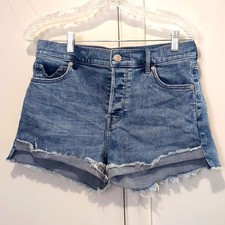 EXPRESS Blue Jean SHORTS Sz 2 Shortie Vintage High Rise Distressed ButtonFly