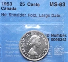 1953 NSF LD Canada 25 cents ICCS graded MS-63