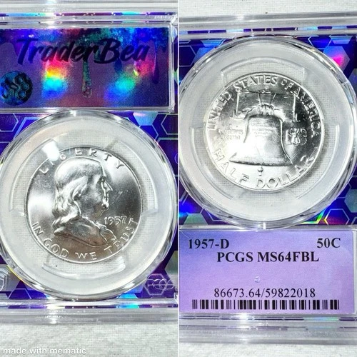 1957 D 50C MS64 FBL Franklin Half Dollar Trader Bea Purple Core 90% Silver
